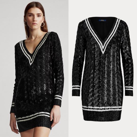Polo Ralph Lauren Sequin Cricket Jumper Sweater Dress Bodycon Black $998 0 XS - Picture 1 of 16